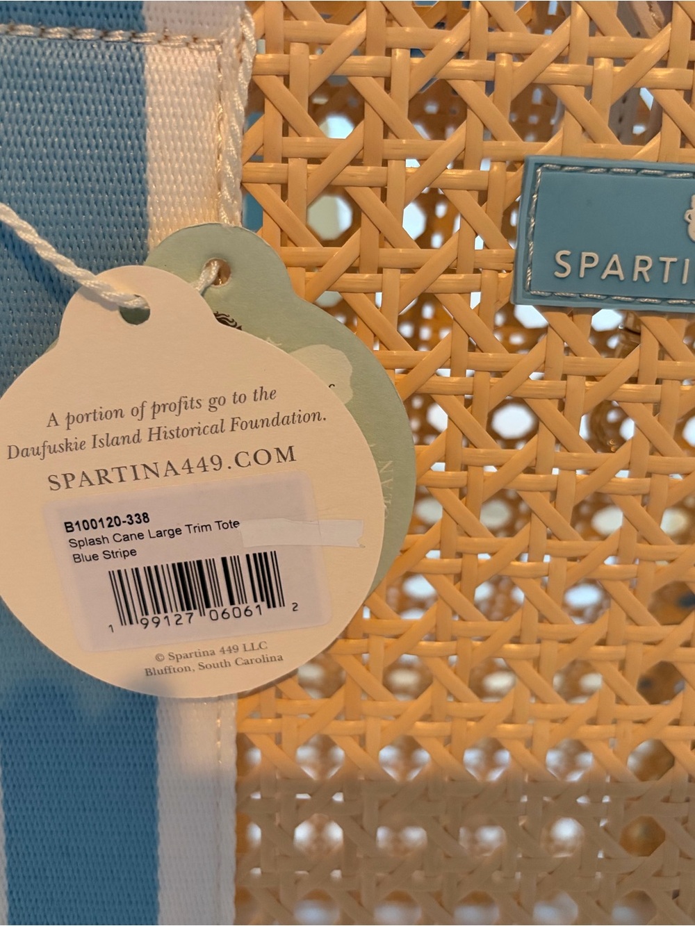 Spartina 449 Natural Woven Tote with Blue & White Straps - Picture 2 of 7